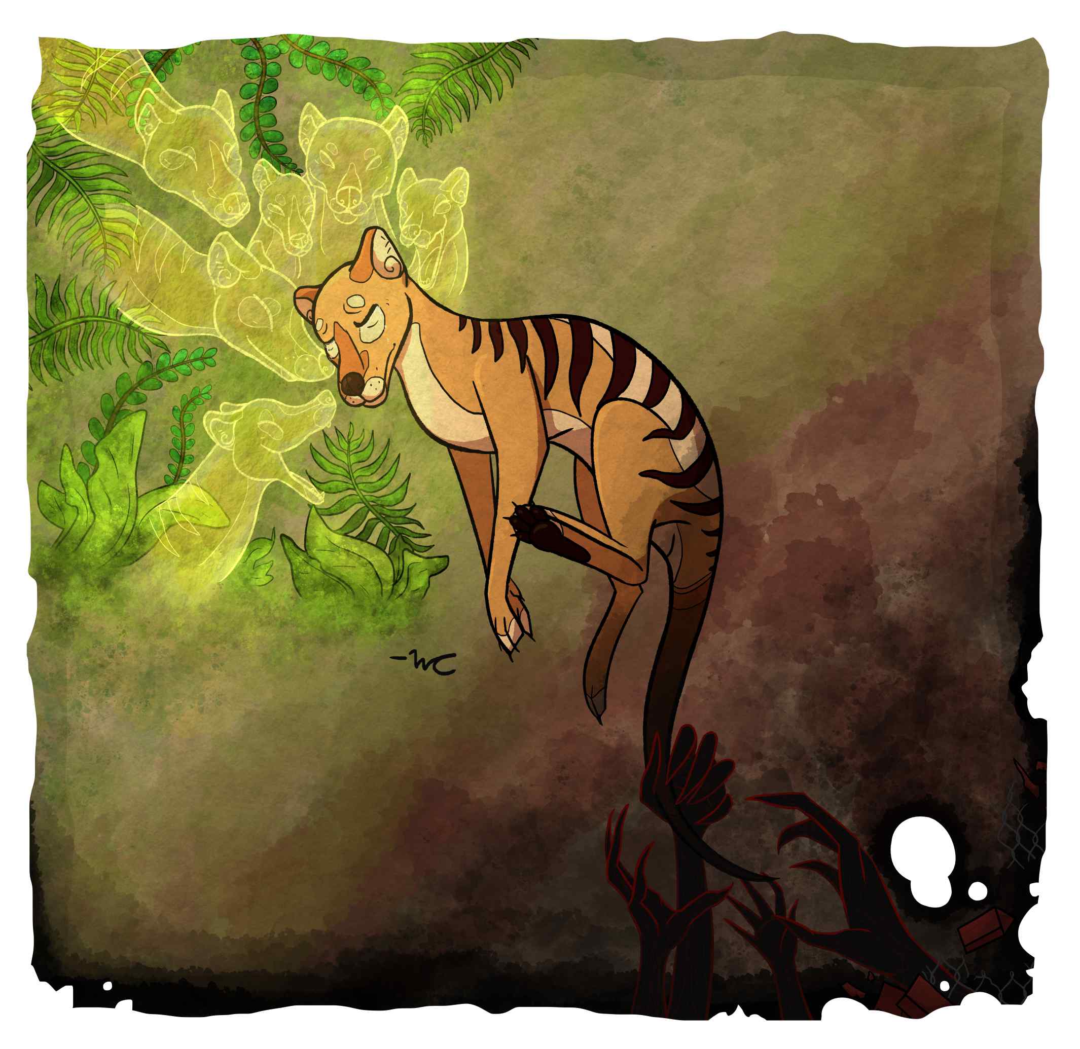 A thylacine passing away. Its head is calm and surrounded by the spirits of other thylacines, while ghostly human hands attempt to pull it back.